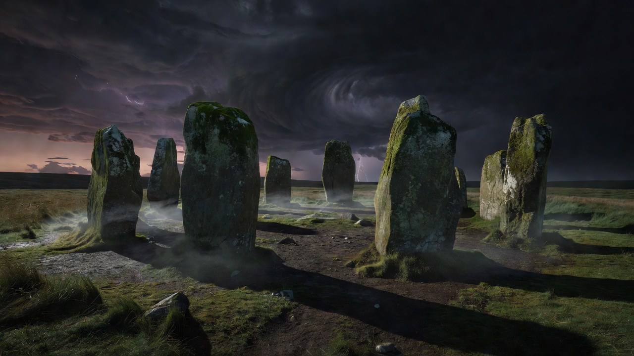 Weathered megaliths standing in a ring under heavy evening clouds