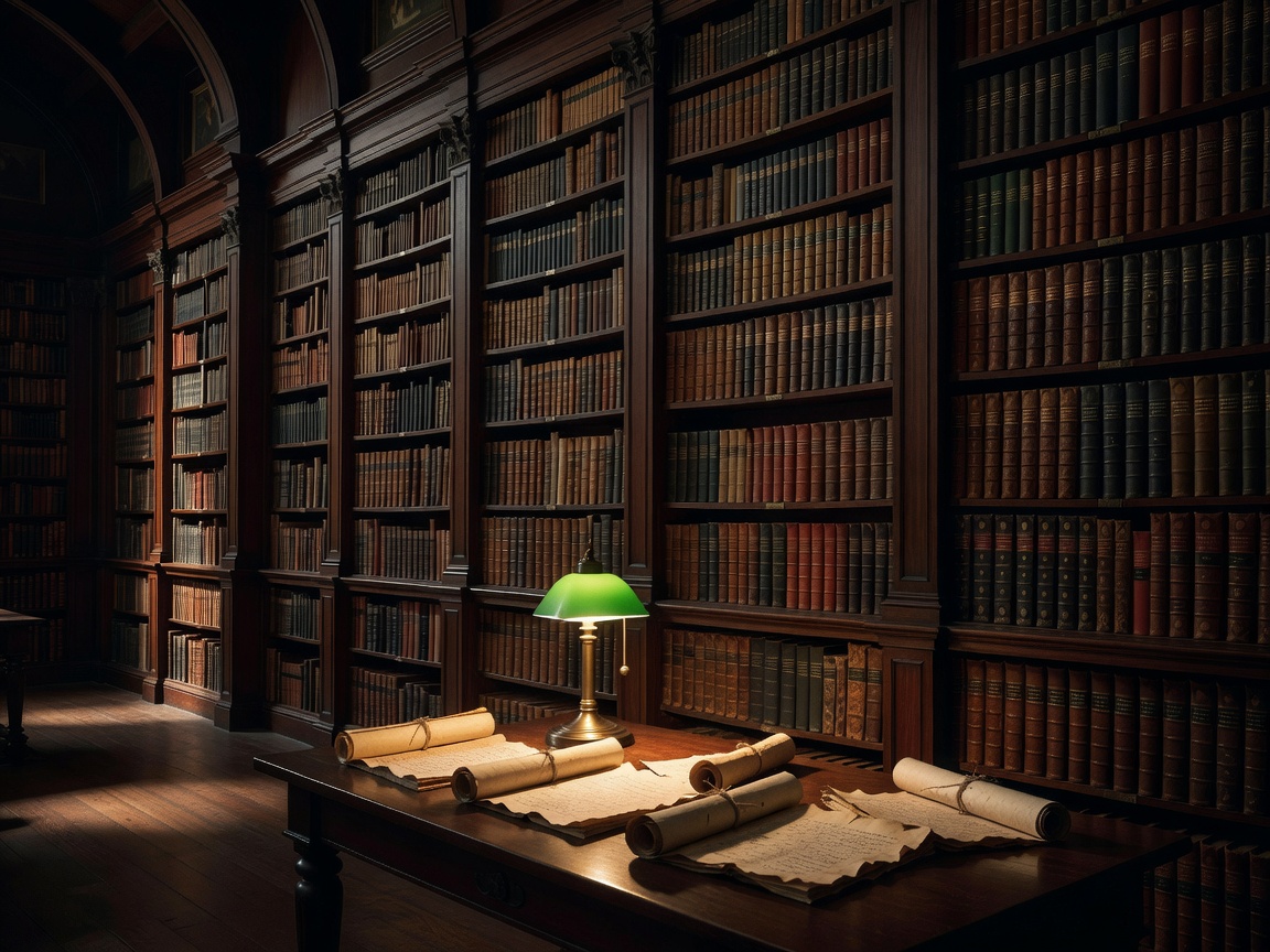 Tall shelves of leather-bound books in a dim library lit by a single lamp