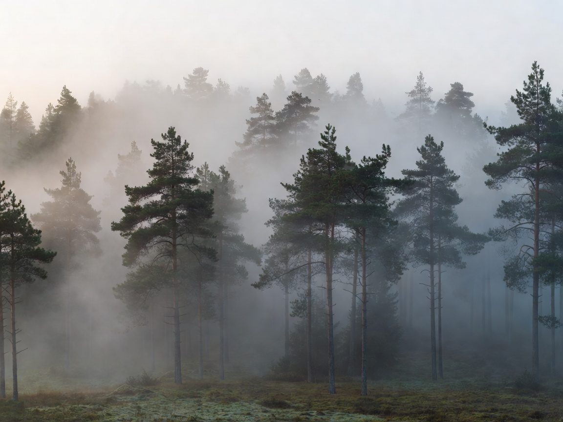 A dense pine forest swallowed by thick grey fog at dawn
