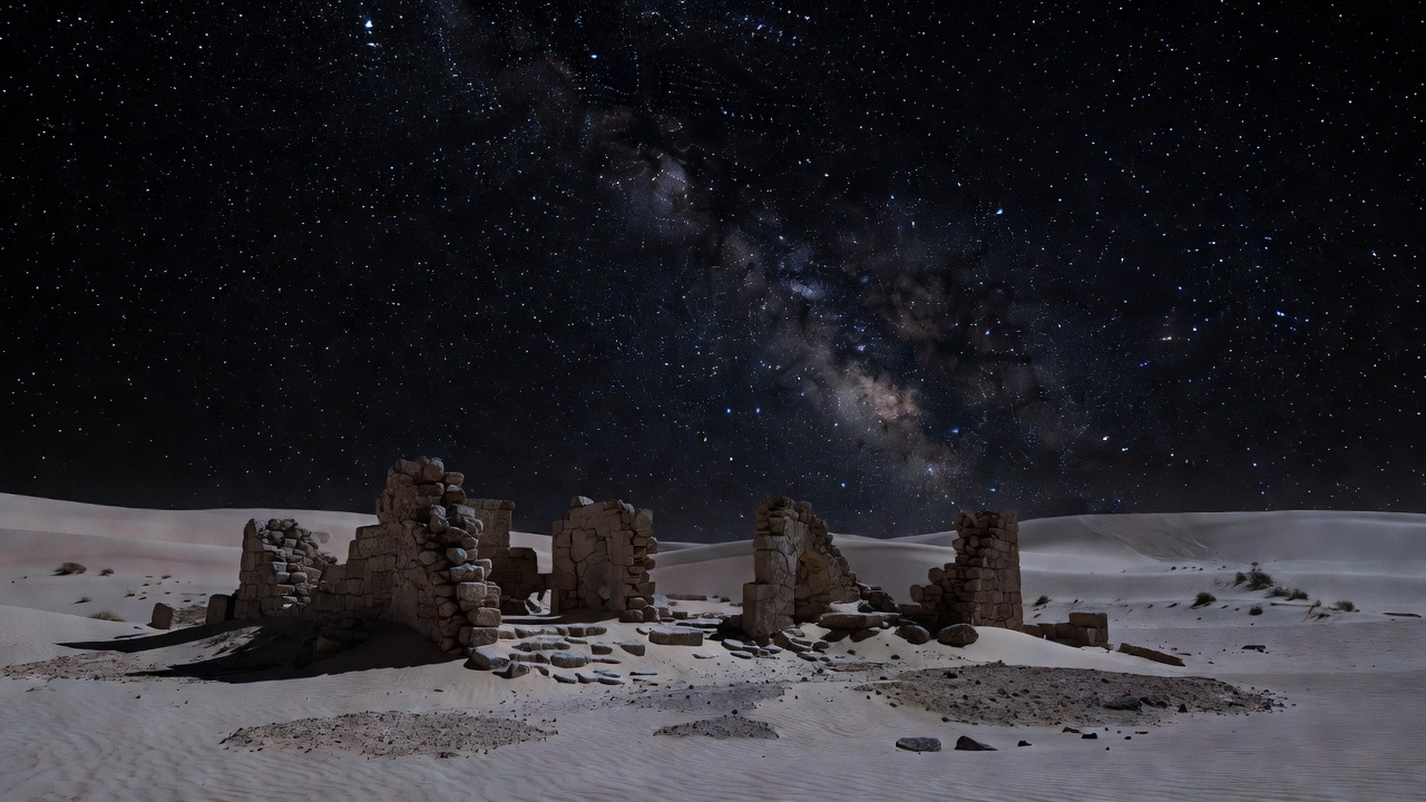 A ruined stone arch in the desert beneath the glowing band of the Milky Way